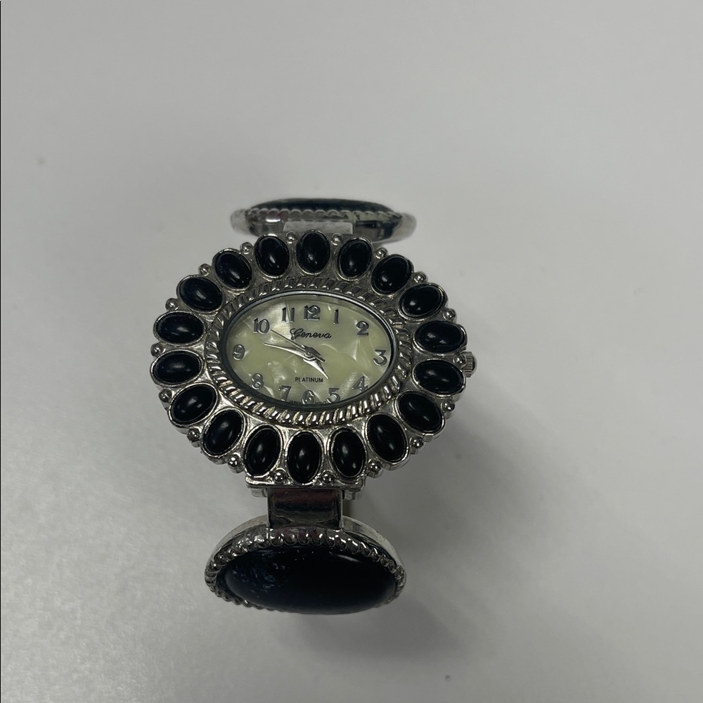 Geneva Silver Cuff Watch with Black Stone Accents